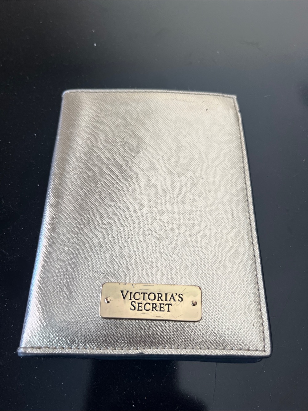 Victoria's Secret Silver Metallic Passport Cover with Gold Plaque